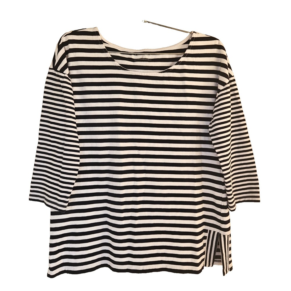 Talbots Women's Navy Blue & White Striped 3/4 Sleeve Cotton Top Sz M